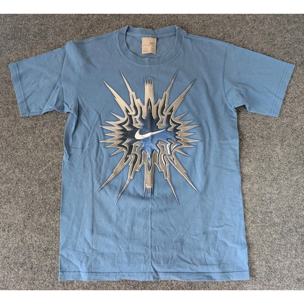 Vintage Nike Shirt Youth Sz M Burst Explosion Swoosh Logo w/ Silver Tag Y2K Blue